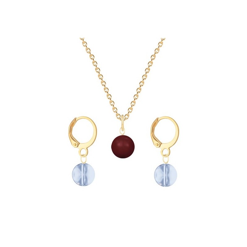 Gold Plated Premium Steel Bordeaux Crystal Pearl Pendant With Blue Shade Austria Globe Hoop Earrings Set