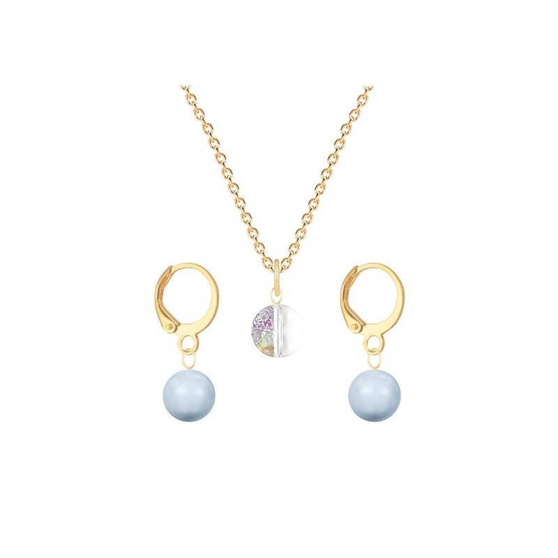 Gold Plated Premium Steel White Patina 8mm Austria Globe Pendant With Light Blue Crystal Pearl Hoop Earrings Set