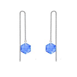 White Gold Plated Hexagon Star Crystal Sapphire Thread Dangling Earrings ( Made In Japan )