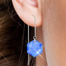 White Gold Plated Hexagon Star Crystal Sapphire Thread Dangling Earrings ( Made In Japan )