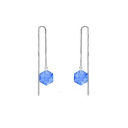 White Gold Plated Hexagon Star Crystal Sapphire Thread Dangling Earrings ( Made In Japan )