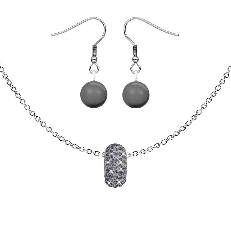 BeCharmed Pave Silver Night Bead Slim Premium Steel Necklace With Earrings Set Embellished with Austrian Crystals