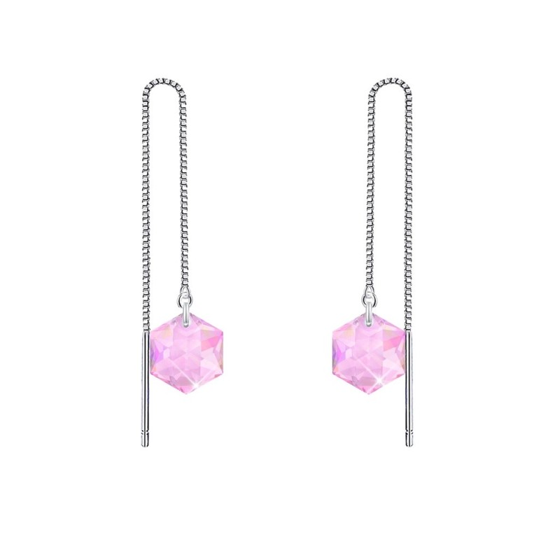 White Gold Plated Hexagon Star Crystal Rosaline Thread Dangling Earrings ( Made In Japan )