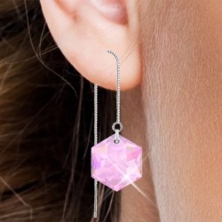 White Gold Plated Hexagon Star Crystal Rosaline Thread Dangling Earrings ( Made In Japan )