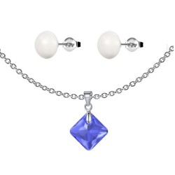 September Birthstone Sapphire Princess Cut Crystal Pendant With White Cabochon 10mm Crystal Pearls Stud Earrings Set