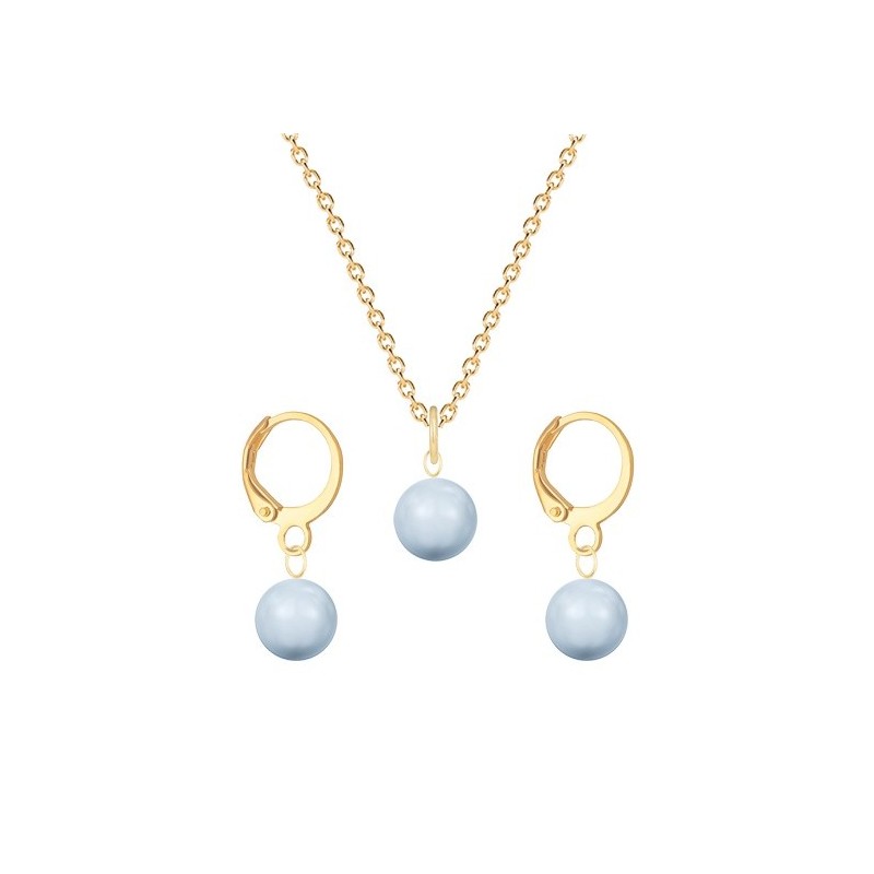 March Birthpearl Gold Plated Premium Steel Light Blue 8mm Austrian Crystal Pearl Pendant With Earrings Set