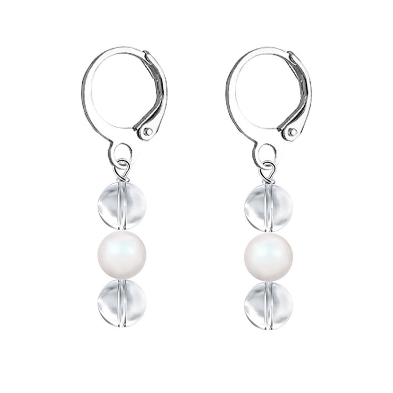 Premium Stainless Steel Hoop Clear Crystal Globe With Pearlescent White Crystal Pearl Trilogy Earrings (Made In Japan)