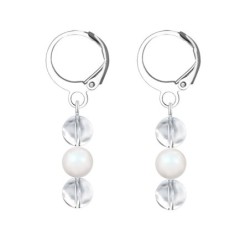 Premium Stainless Steel Hoop Clear Crystal Globe With Pearlescent White Crystal Pearl Trilogy Earrings (Made In Japan)