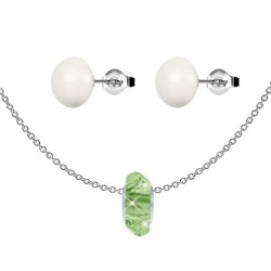 Peridot Fortune Bead Premium Steel Necklace With Stud Earrings Set Embellished with Premium Grade Austrian Crystals