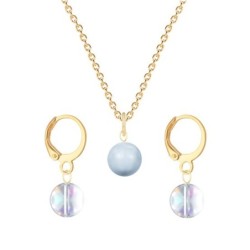 Gold Plated Premium Steel Light Blue Crystal Pearl Pendant With Aurora Borealis Austria Globe Hoop Earrings Set