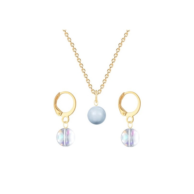 Gold Plated Premium Steel Light Blue Crystal Pearl Pendant With Aurora Borealis Austria Globe Hoop Earrings Set