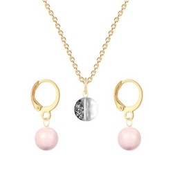 Gold Plated Premium Steel Black Patina 8mm Austria Globe Pendant With Rosaline Pink Crystal Pearl Hoop Earrings Set