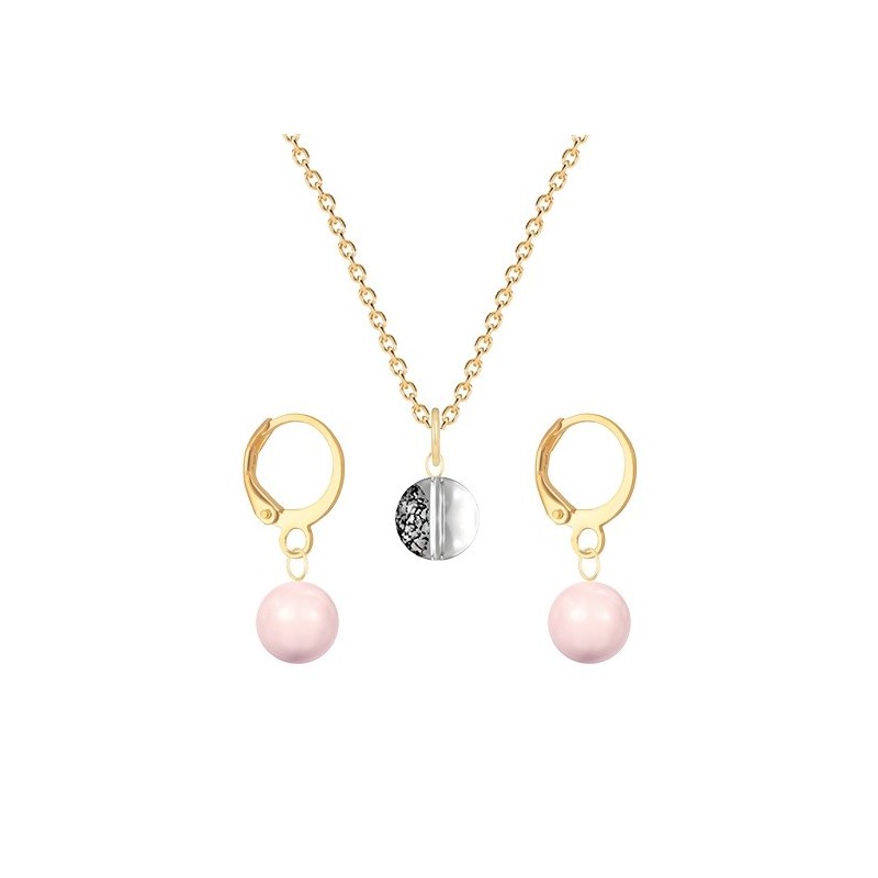 Gold Plated Premium Steel Black Patina 8mm Austria Globe Pendant With Rosaline Pink Crystal Pearl Hoop Earrings Set