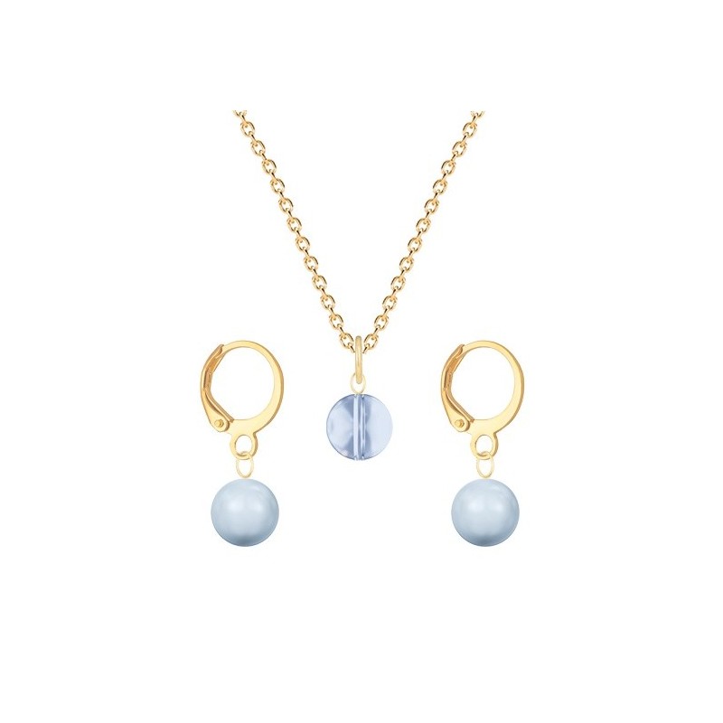 Gold Plated Premium Steel Blue Shade 8mm Austria Globe Pendant With Light Blue Crystal Pearl Hoop Earrings Set