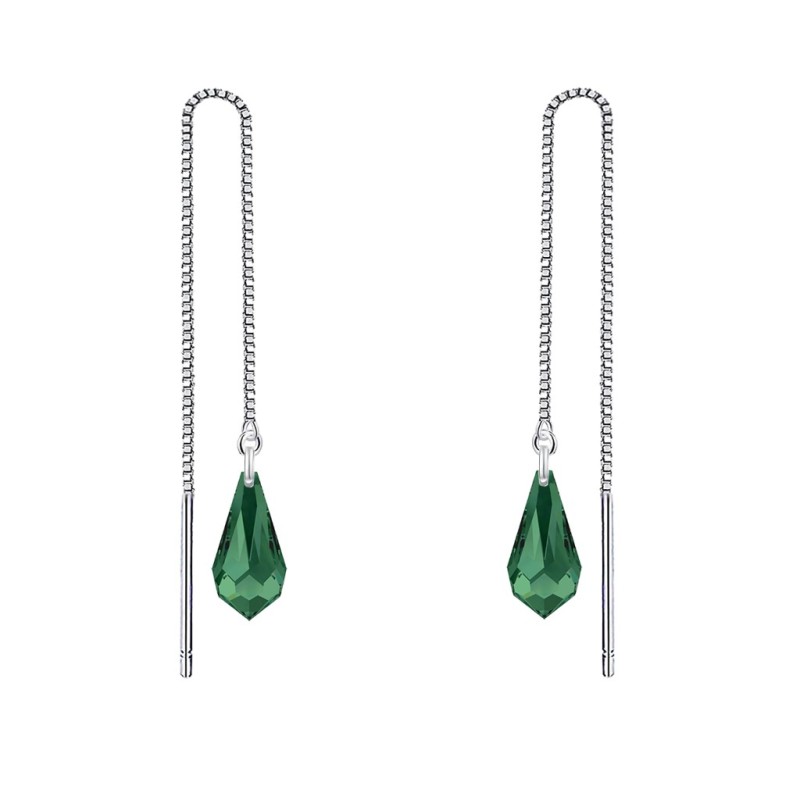 White Gold Plated Emerald Teardrop Crystal Thread Dangling Earrings Embellished with Premium Grade Austrian Crystals