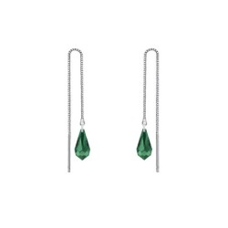 White Gold Plated Emerald Teardrop Crystal Thread Dangling Earrings Embellished with Premium Grade Austrian Crystals