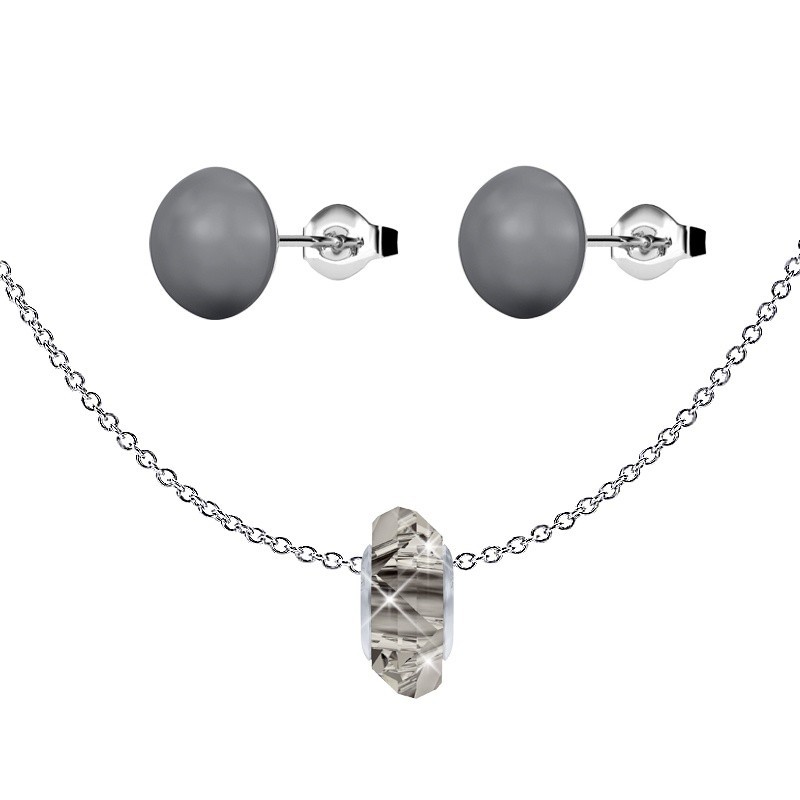 Satin Fortune Bead Premium Steel Necklace With Dark Grey Pearl Earrings Set Embellished with Austrian Crystals