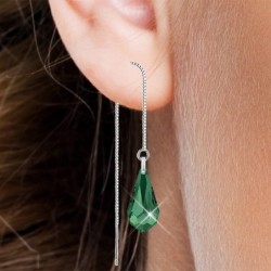 White Gold Plated Emerald Teardrop Crystal Thread Dangling Earrings Embellished with Premium Grade Austrian Crystals