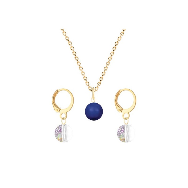 Gold Plated Premium Steel Dark Lapis Crystal Pearl Pendant With White Patina Austria Globe Hoop Earrings Set