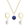 Gold Plated Premium Steel Dark Lapis Crystal Pearl Pendant With White Patina Austria Globe Hoop Earrings Set