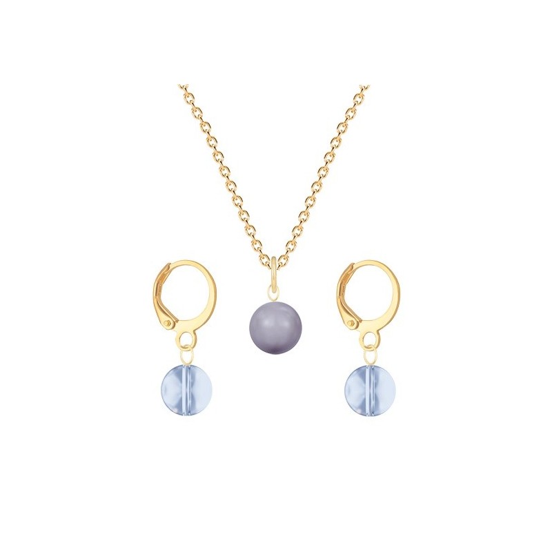 Gold Plated Premium Steel Mauve Crystal Pearl Pendant With Blue Shade Austria Globe Hoop Earrings Set