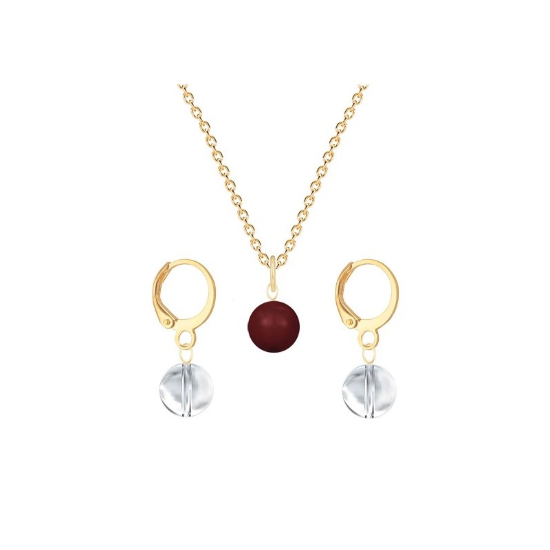 Gold Plated Premium Steel Bordeaux Crystal Pearl Pendant With Crystal Clear Austria Globe Hoop Earrings Set