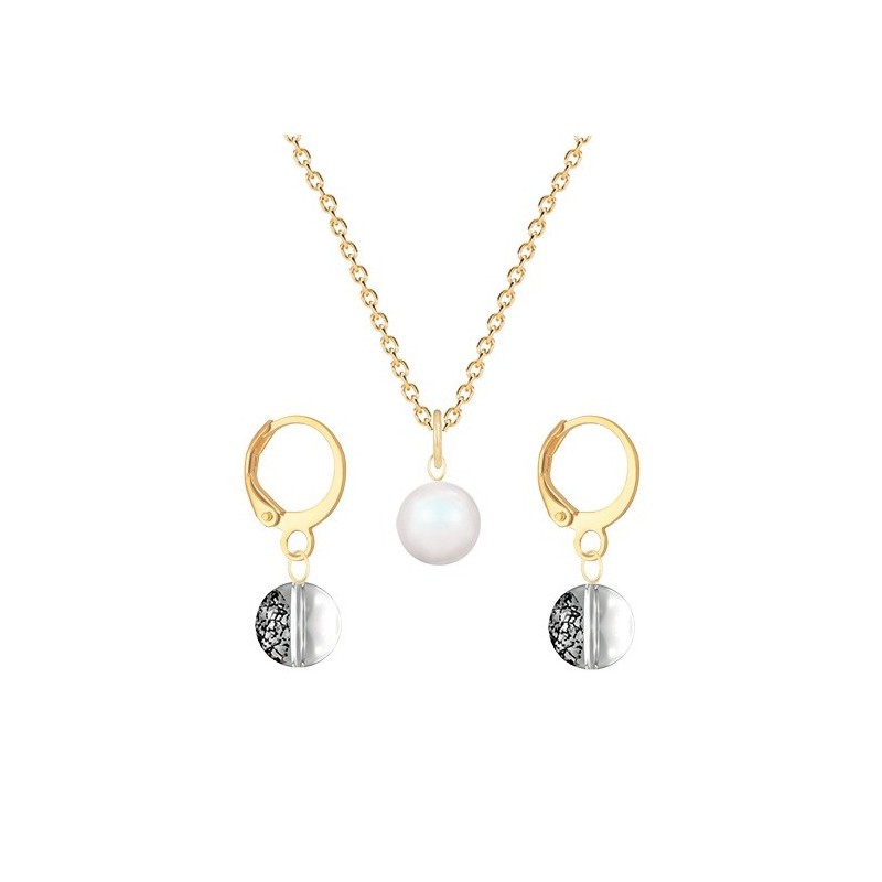 Gold Plated Premium Steel Pearlescent White Crystal Pearl Pendant With Black Patina Austria Globe Hoop Earrings Set