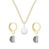 Gold Plated Premium Steel Pearlescent White Crystal Pearl Pendant With Black Patina Austria Globe Hoop Earrings Set