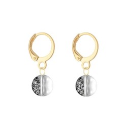 Gold Plated Premium Steel Pearlescent White Crystal Pearl Pendant With Black Patina Austria Globe Hoop Earrings Set