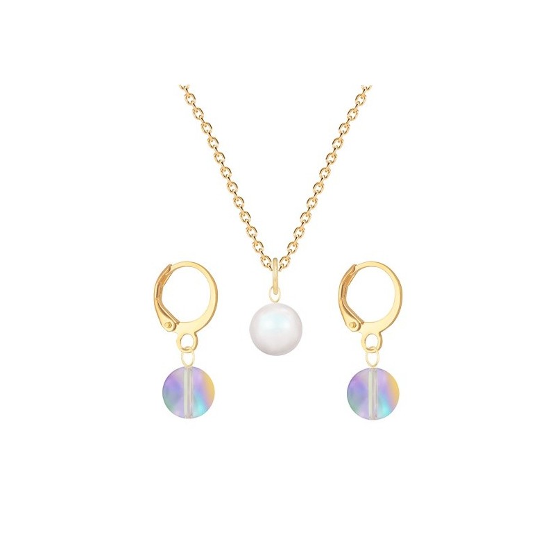 Gold Plated Premium Steel Pearlescent White Crystal Pearl Pendant With Paradise Shine Austria Globe Hoop Earrings Set