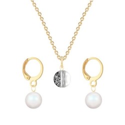 Gold Plated Premium Steel Black Patina 8mm Austria Globe Pendant With Pearlescent White Crystal Pearl Hoop Earrings Set