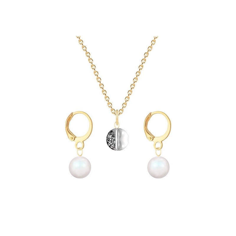 Gold Plated Premium Steel Black Patina 8mm Austria Globe Pendant With Pearlescent White Crystal Pearl Hoop Earrings Set