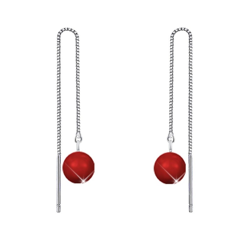 White Gold Plated July Birthpearl Corel Red Crystal Pearl Thread Dangling Earrings