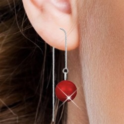 White Gold Plated July Birthpearl Corel Red Crystal Pearl Thread Dangling Earrings