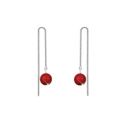 White Gold Plated July Birthpearl Corel Red Crystal Pearl Thread Dangling Earrings