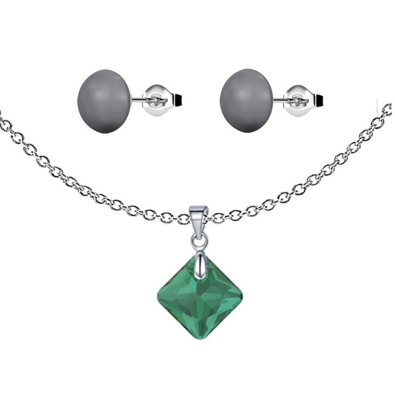 May Birthstone Emerald Princess Cut Crystal Pendant With Dark Grey Cabochon 10mm Crystal Pearls Stud Earrings Set