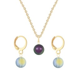 Gold Plated Premium Steel Iridescent Purple Crystal Pearl Pendant With Iridescent Green Austria Globe Hoop Earrings Set