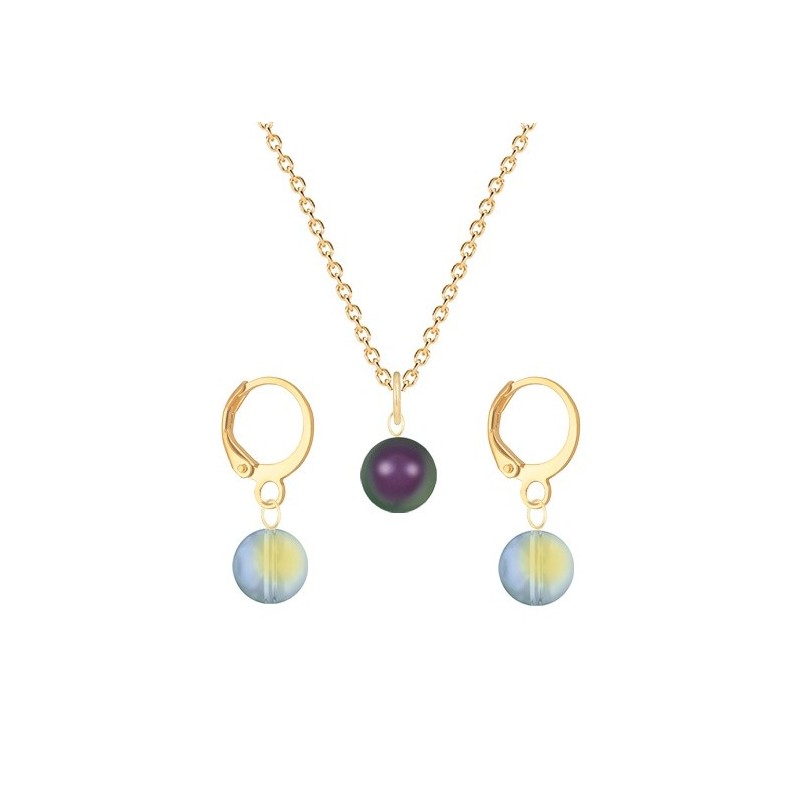 Gold Plated Premium Steel Iridescent Purple Crystal Pearl Pendant With Iridescent Green Austria Globe Hoop Earrings Set