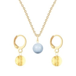 Gold Plated Premium Steel Light Blue Crystal Pearl Pendant With Golden Shadow Austria Globe Hoop Earrings Set