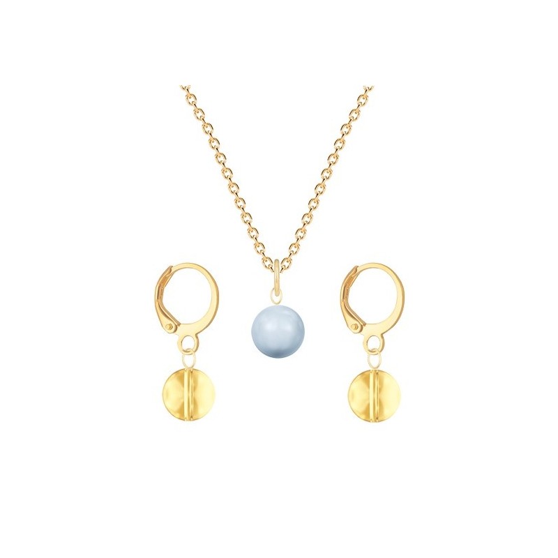 Gold Plated Premium Steel Light Blue Crystal Pearl Pendant With Golden Shadow Austria Globe Hoop Earrings Set