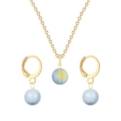 Gold Plated Premium Steel Iridescent Green 8mm Austria Globe Pendant With Light Blue Crystal Pearl Hoop Earrings Set