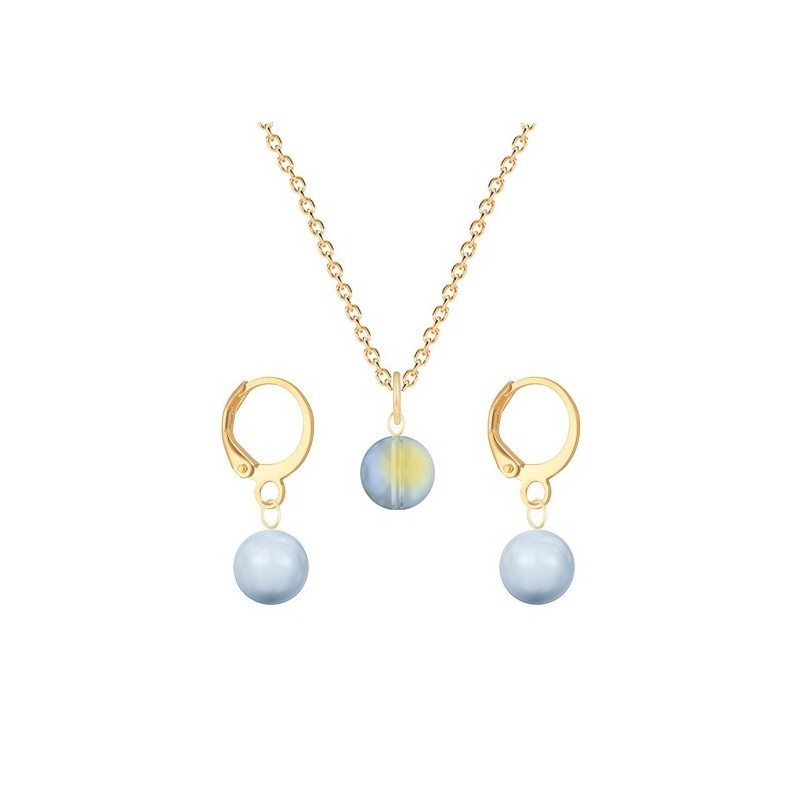 Gold Plated Premium Steel Iridescent Green 8mm Austria Globe Pendant With Light Blue Crystal Pearl Hoop Earrings Set