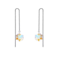 White Gold Plated Hexagon Star Crystal Blue AB Thread Dangling Earrings ( Made In Japan )