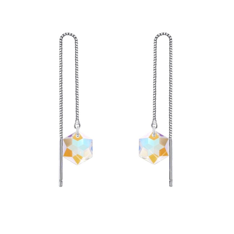 White Gold Plated Hexagon Star Crystal Blue AB Thread Dangling Earrings ( Made In Japan )