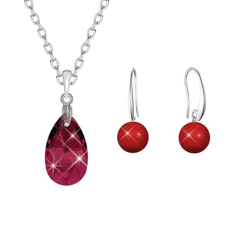 Ruby Crystal Pear Shaped Pendant Necklace Jewellery Set Embellished with Premium Grade Austrian Crystals