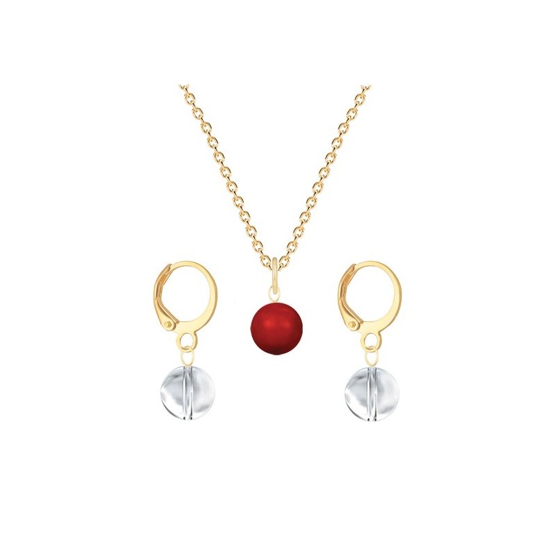 Gold Plated Premium Steel Corel Red Crystal Pearl Pendant With Crystal Clear Austria Globe Hoop Earrings Set