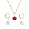 Gold Plated Premium Steel Corel Red Crystal Pearl Pendant With Crystal Clear Austria Globe Hoop Earrings Set