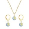 Gold Plated Premium Steel Iridescent Green 8mm Crystal Globe Pendant Necklace With Earrings Set (Made In Japan)