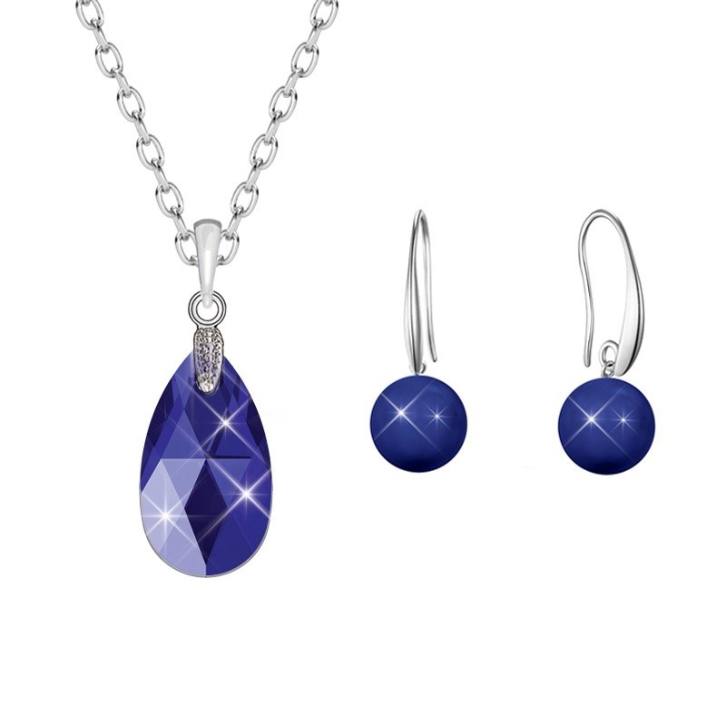 Majestic Blue Pear Shaped Pendant Necklace Jewellery Set Embellished with Premium Grade Austrian Crystals