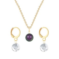 Gold Plated Premium Steel Iridescent Purple Crystal Pearl Pendant With Crystal Clear Austria Globe Hoop Earrings Set